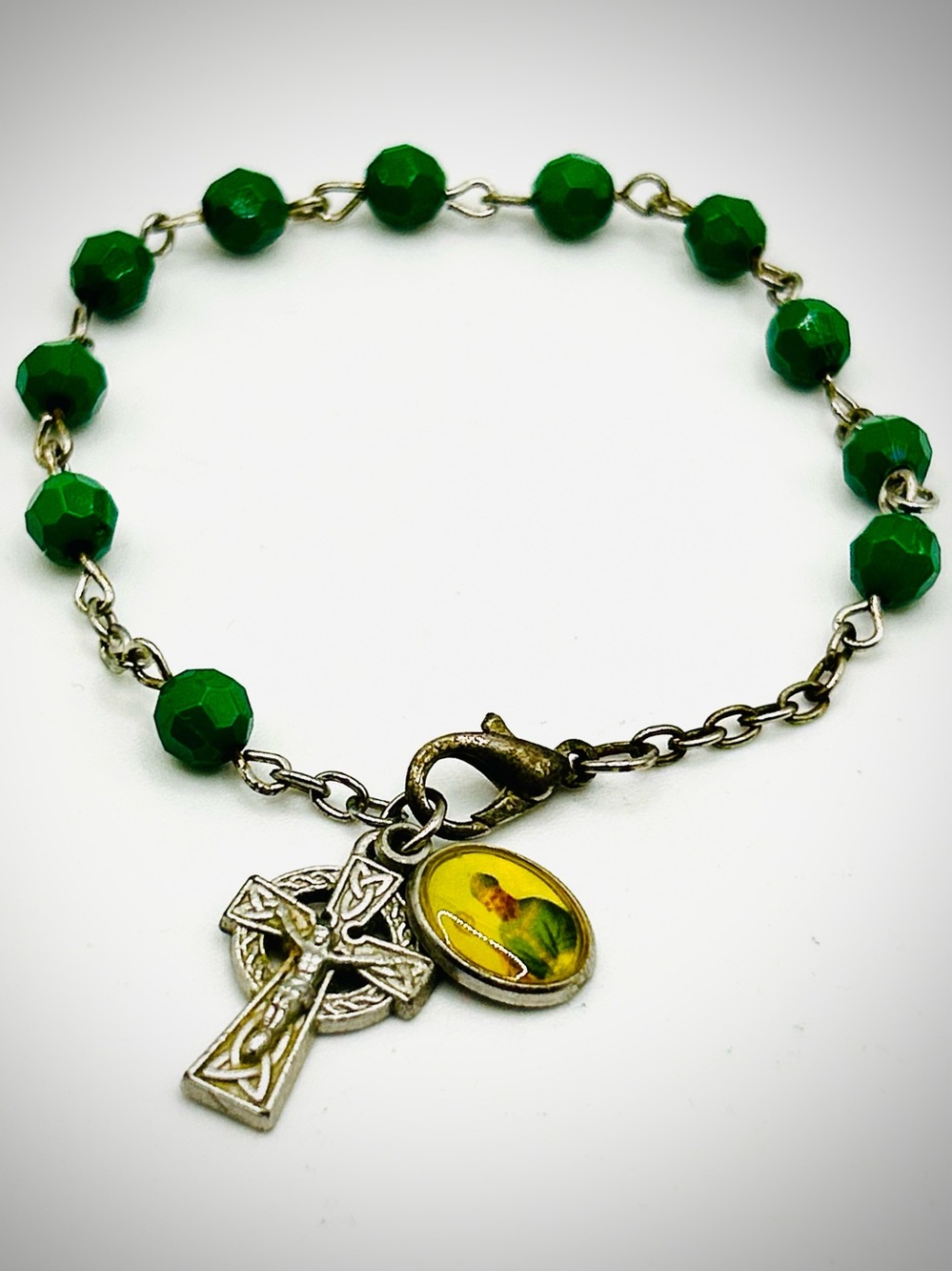 Vtg Irish Blessing St Patrick Celtic Cross Green Pocket Rosary Bracelet Catholic